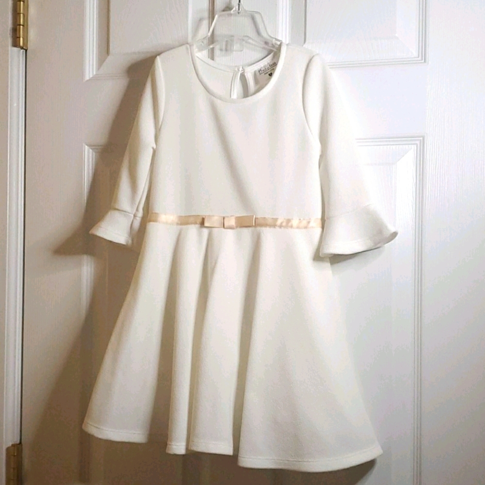 Girls White Dress with gold ribbon waistband